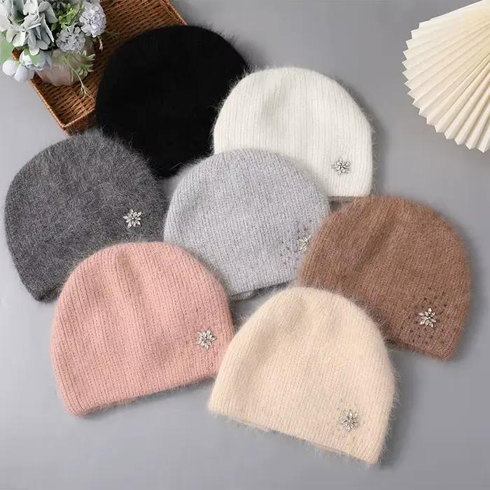 CNTANG chapeau pour femmes hiver chaud mode avec diamant fleur bonnets tricoté Angora longs lapin fourrure chapeaux Double couche dames casquette