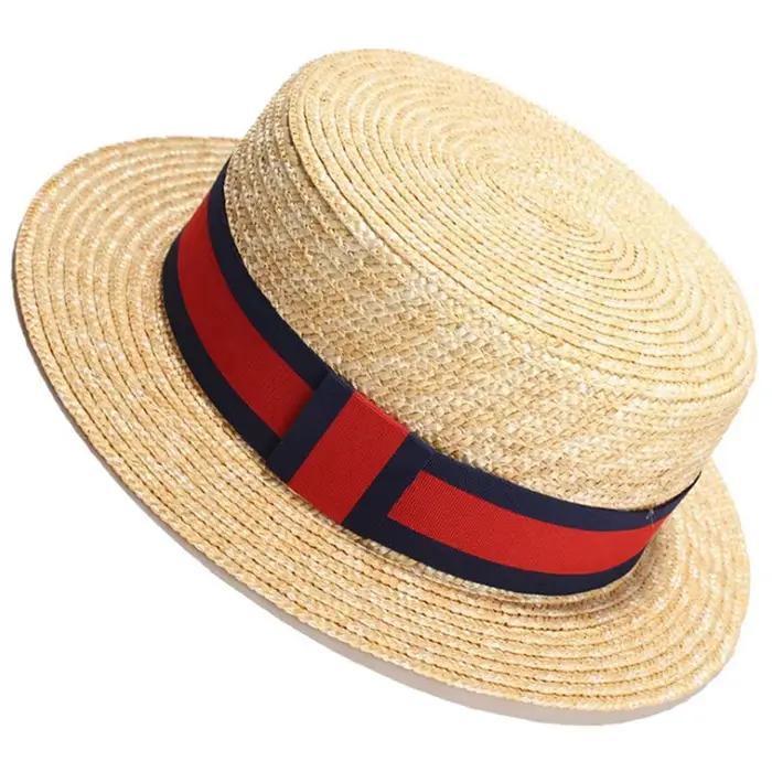 Chapeau de plaisancier à dessus plat en paille de blé naturel pour femmes
