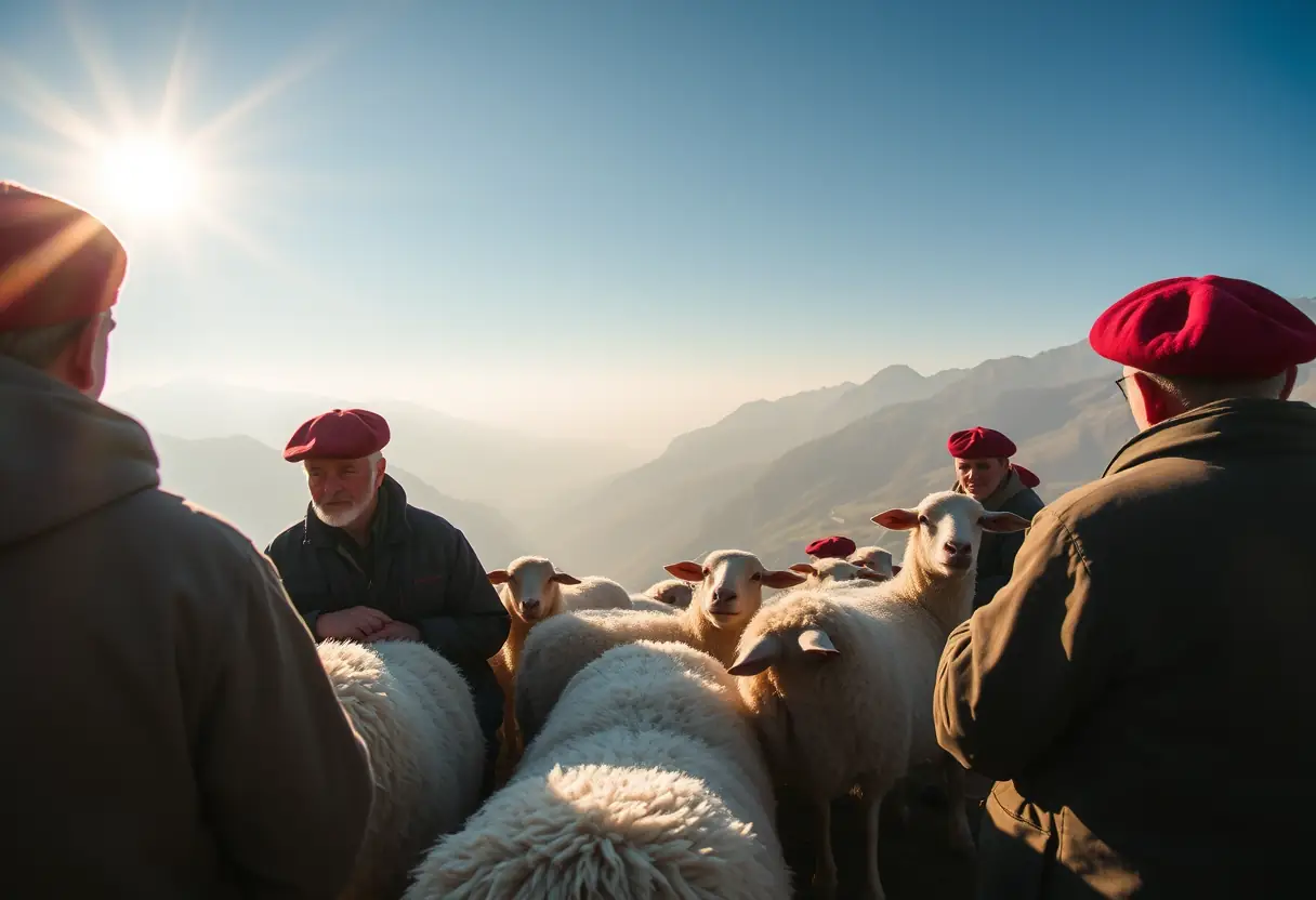 Des bergers portant des bérets surveillent leurs moutons dans une campagne ensoleillée