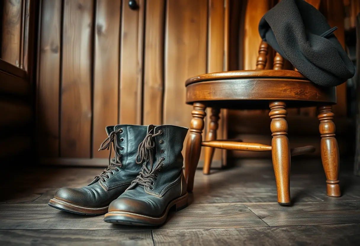 Des bottes en cuir usées près d'une chaise en bois dans une cabane rustique