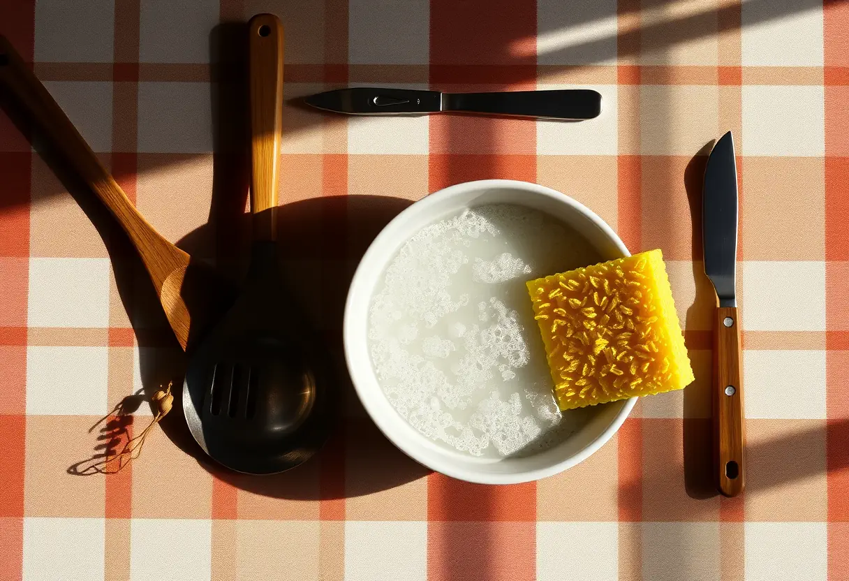 Un plateau de cuisine avec divers ustensiles et une éponge jaune