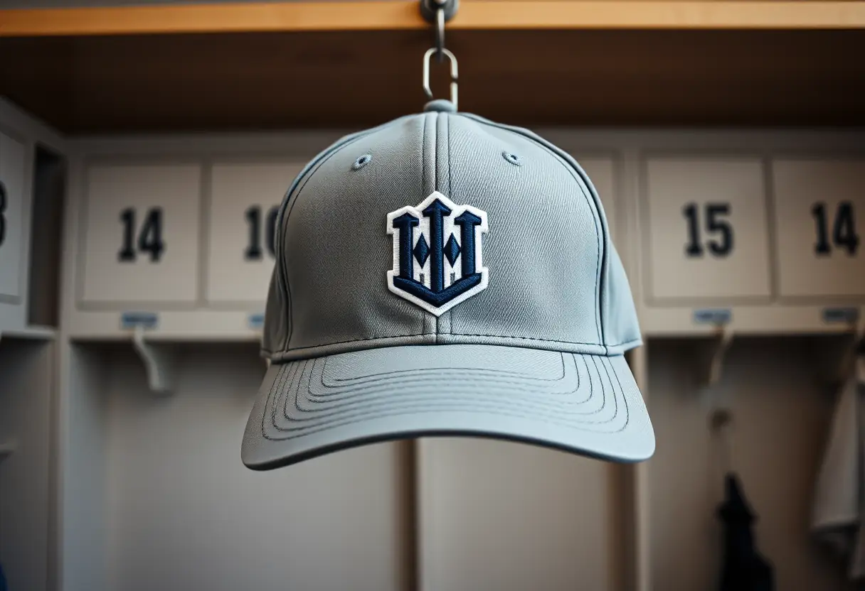 Une casquette de baseball accrochée dans un vestiaire
