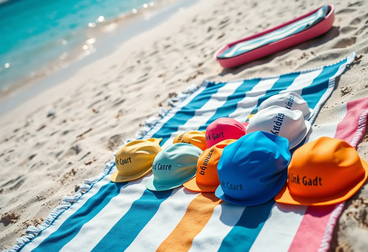 Des bonnets de bain personnalisés alignés sur un drap de bain à la plage