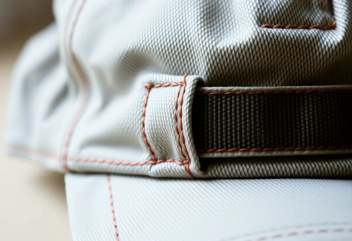 Vue rapprochée de la fermeture velcro d'une casquette 5 panels, soulignant sa facilité d'ajustement