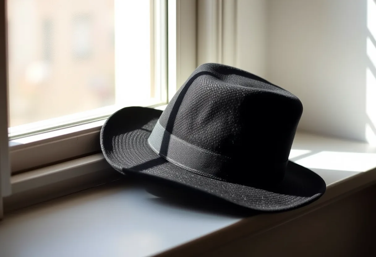 Chapeau noir aux bords lisses sur un rebord de fenêtre, éclairé par la lumière du jour