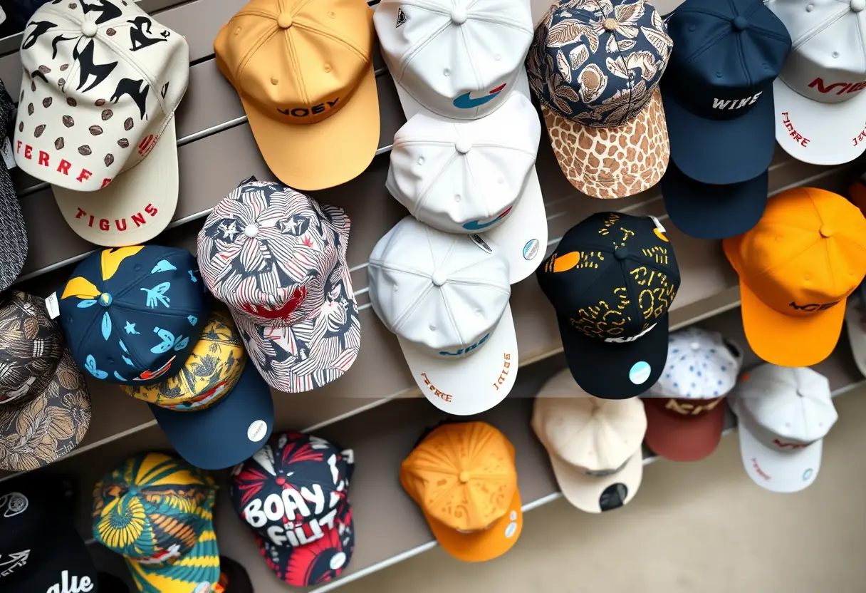 vue aérienne d'une sélection colorée de casquettes de baseball modernes exposées sur un rayon de magasin, avec une variété de designs et de motifs