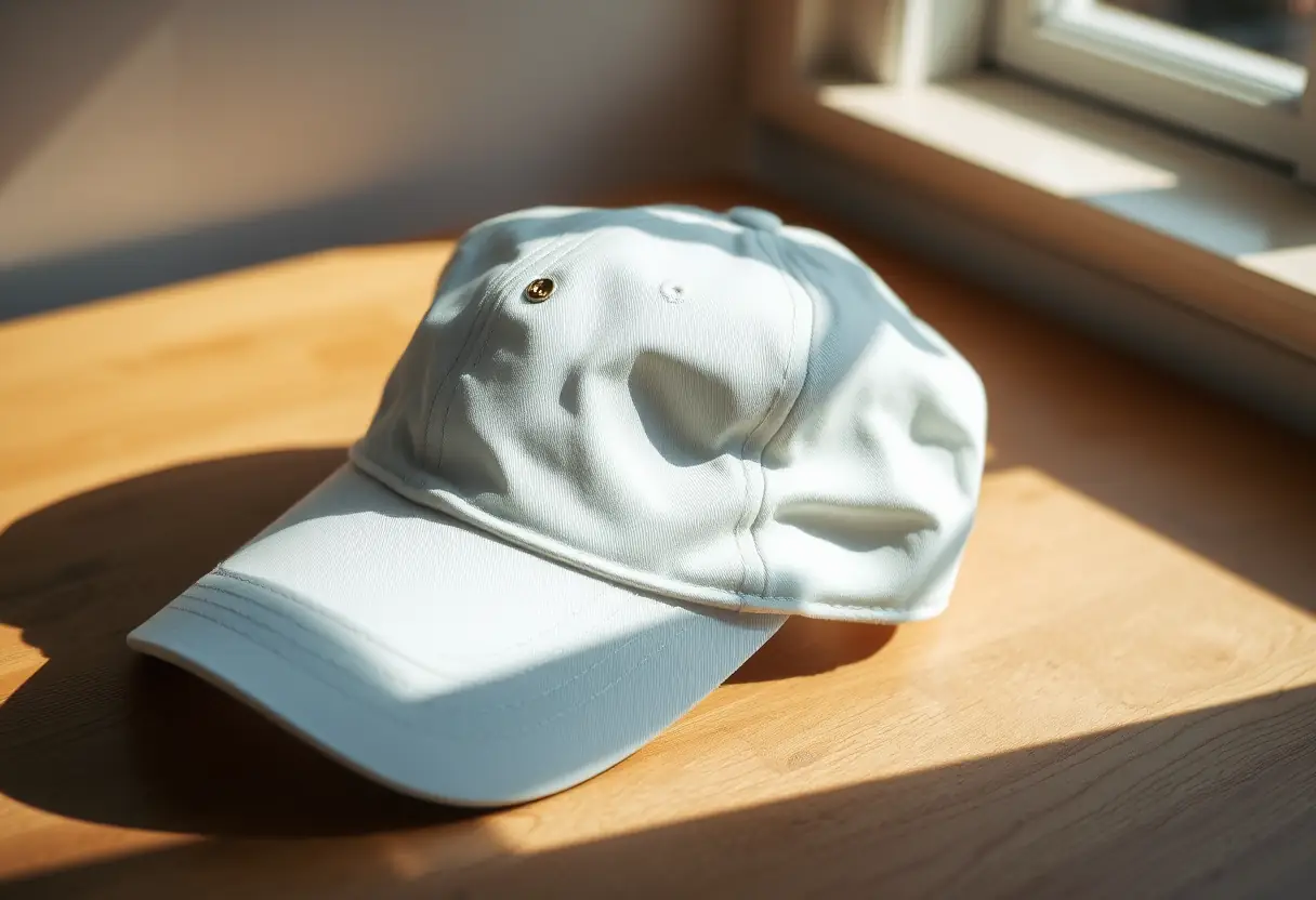 Plan rapproché d'un chapeau de baseball blanc en coton posé sur une table en bois