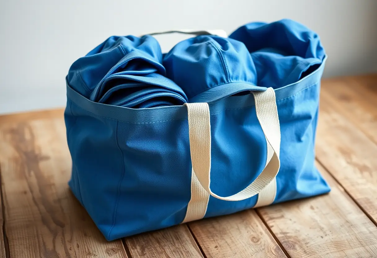 Un sac cabas bleu contenant des casquettes bleues pliées posées sur une table en bois rustique
