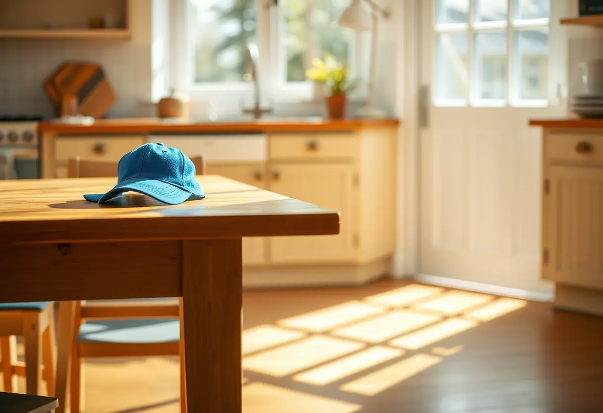 Une table de cuisine éclairée par la lumière naturelle avec un mouchoir bleu plié près d'une casquette