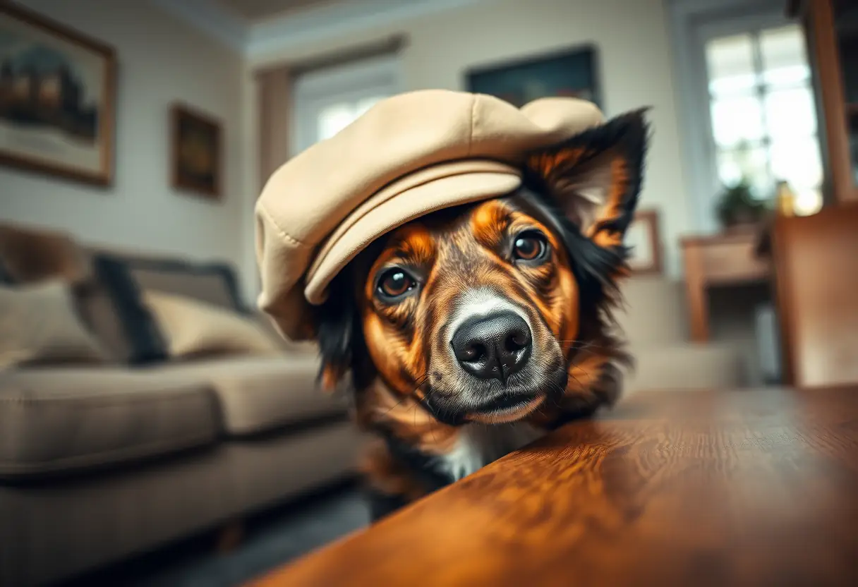 Une tête de chien sous une casquette gavroche sur une table en bois