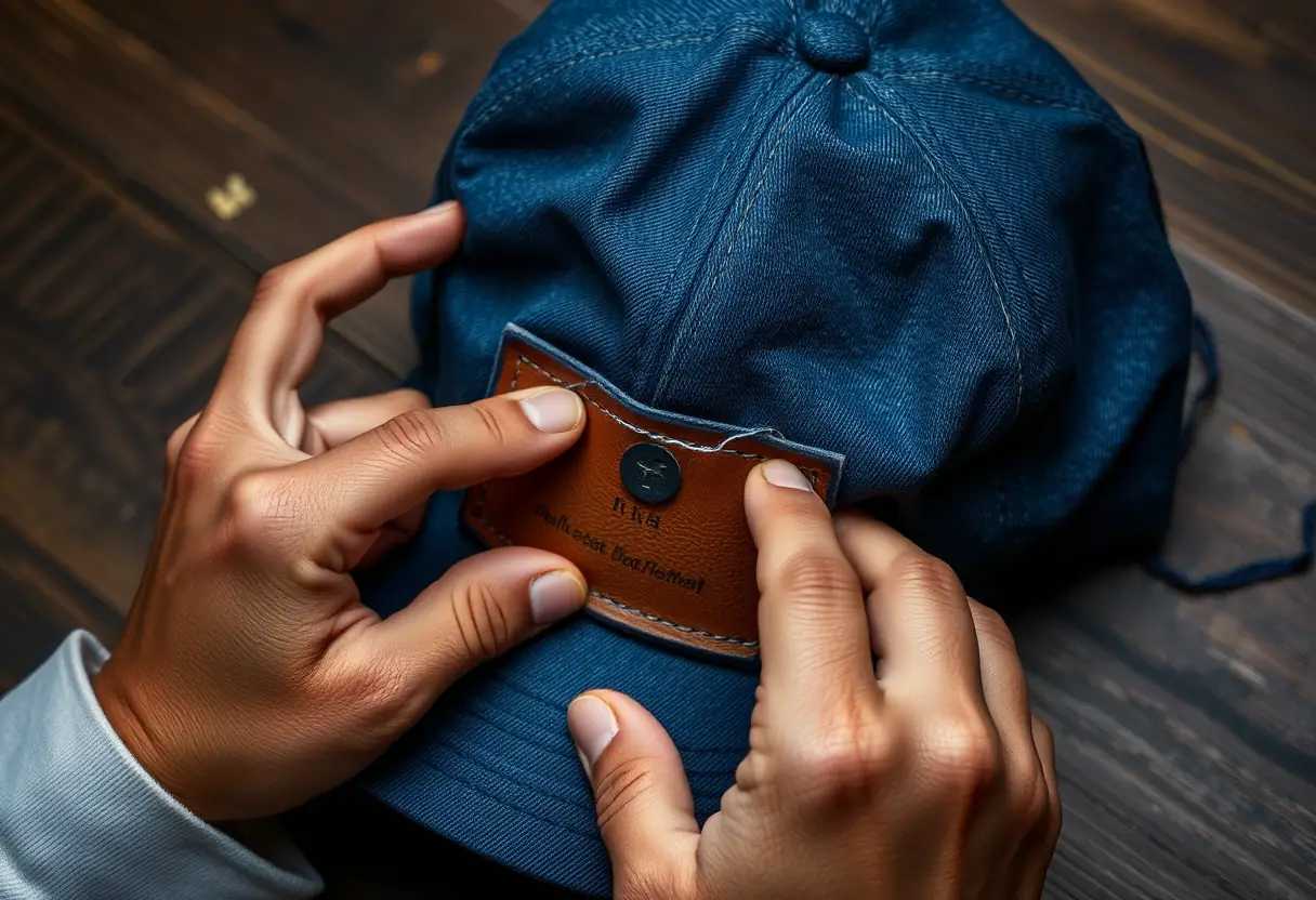 Main qui coud un patch en cuir sur une casquette en jean