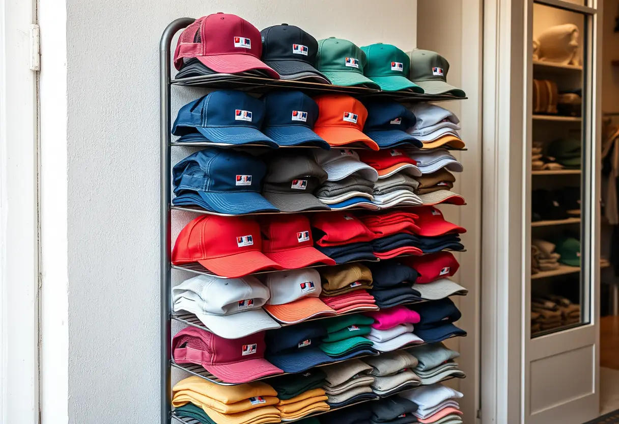 Un porte-manteau dans un magasin avec des casquettes trucker