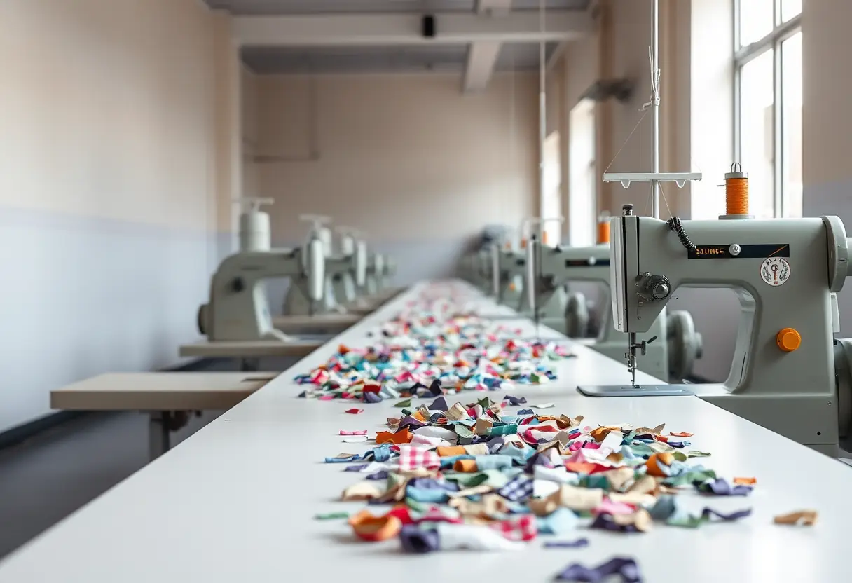 Une rangée de machines à coudre alignées dans une longue pièce, leurs aiguilles reposant sur une table couverte de morceaux de tissu