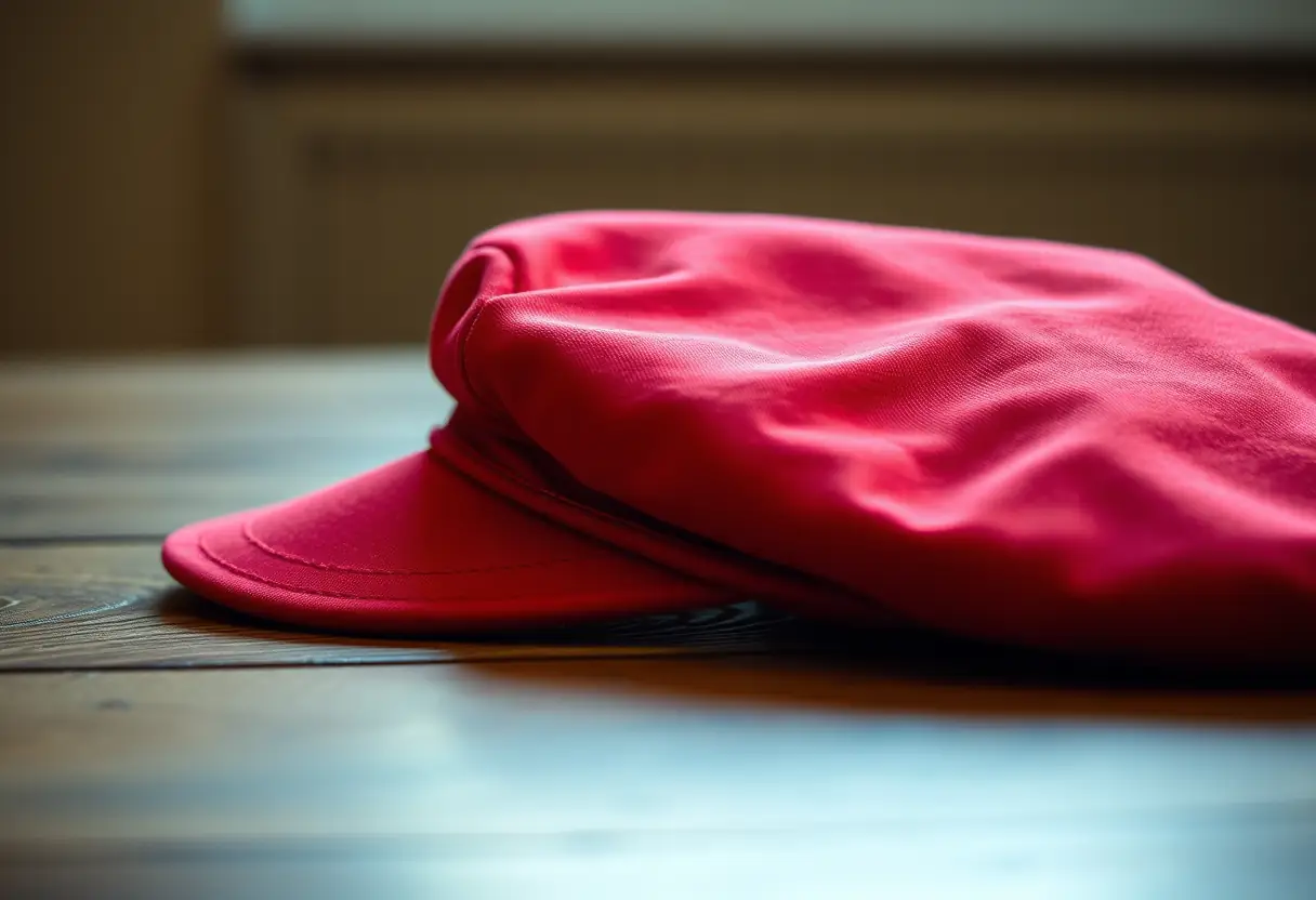 Un plan rapproché d'une casquette gavroche en coton rouge posée sur une table en bois
