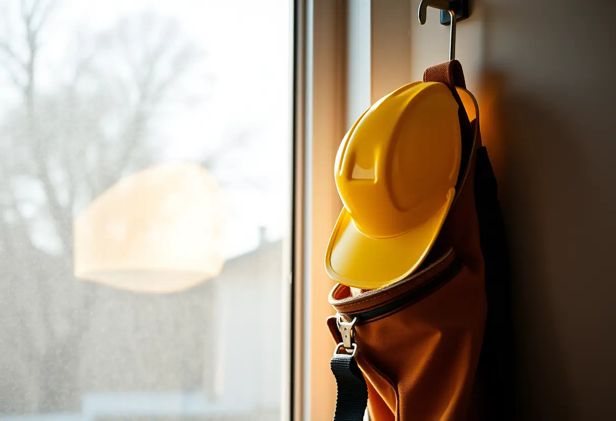 Un ceinturon de travail accroché près d'une casquette jaune dans une pièce baignée de lumière