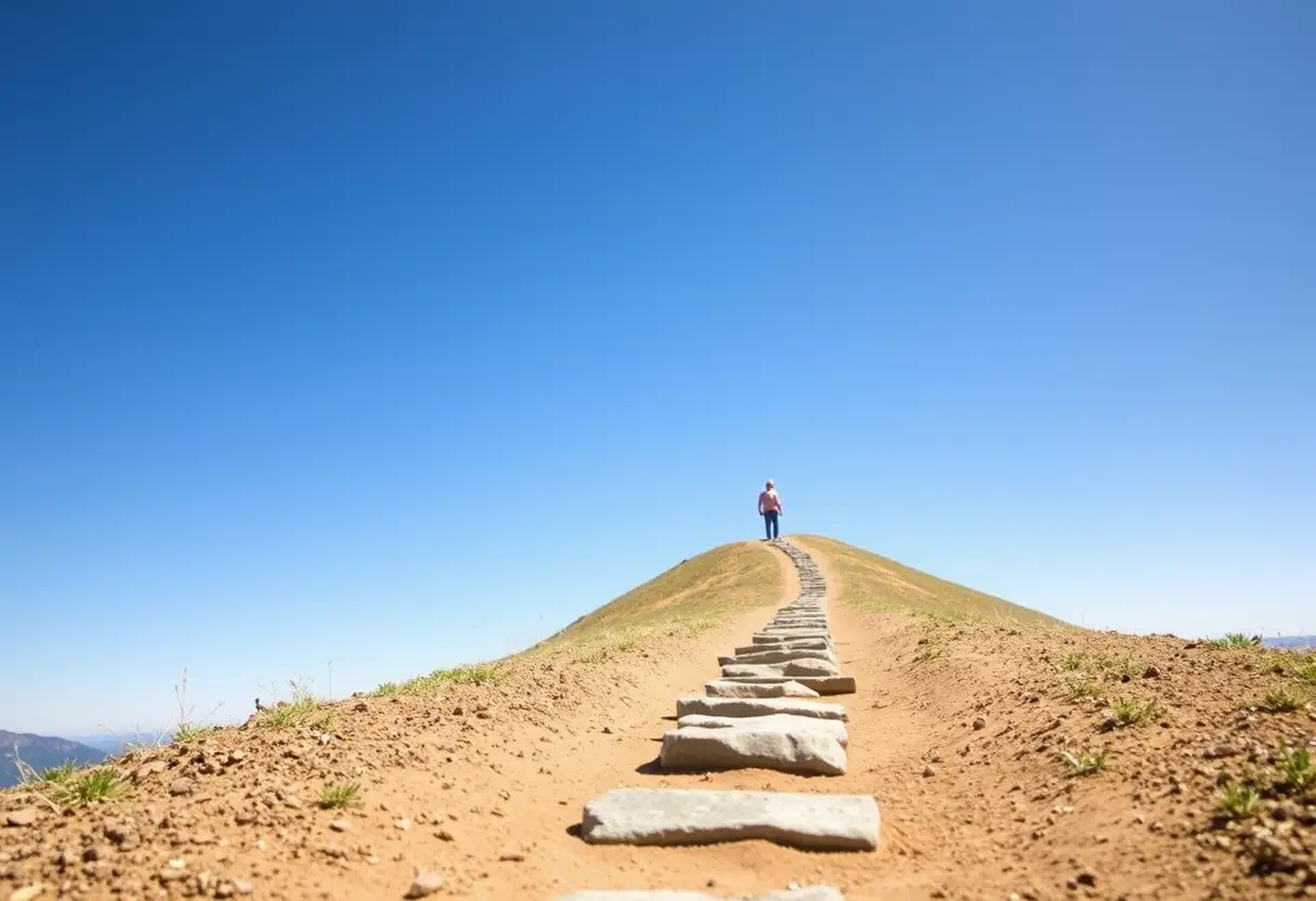 Un sentier marqué de pierres plates menant à une colline sous un ciel bleu