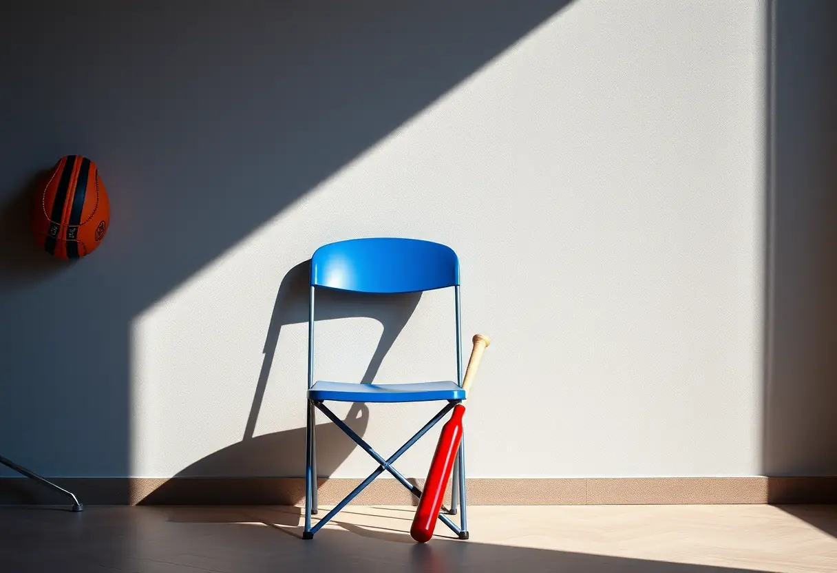 Bâton de baseball et chaise repliable dans une salle de vestiaire