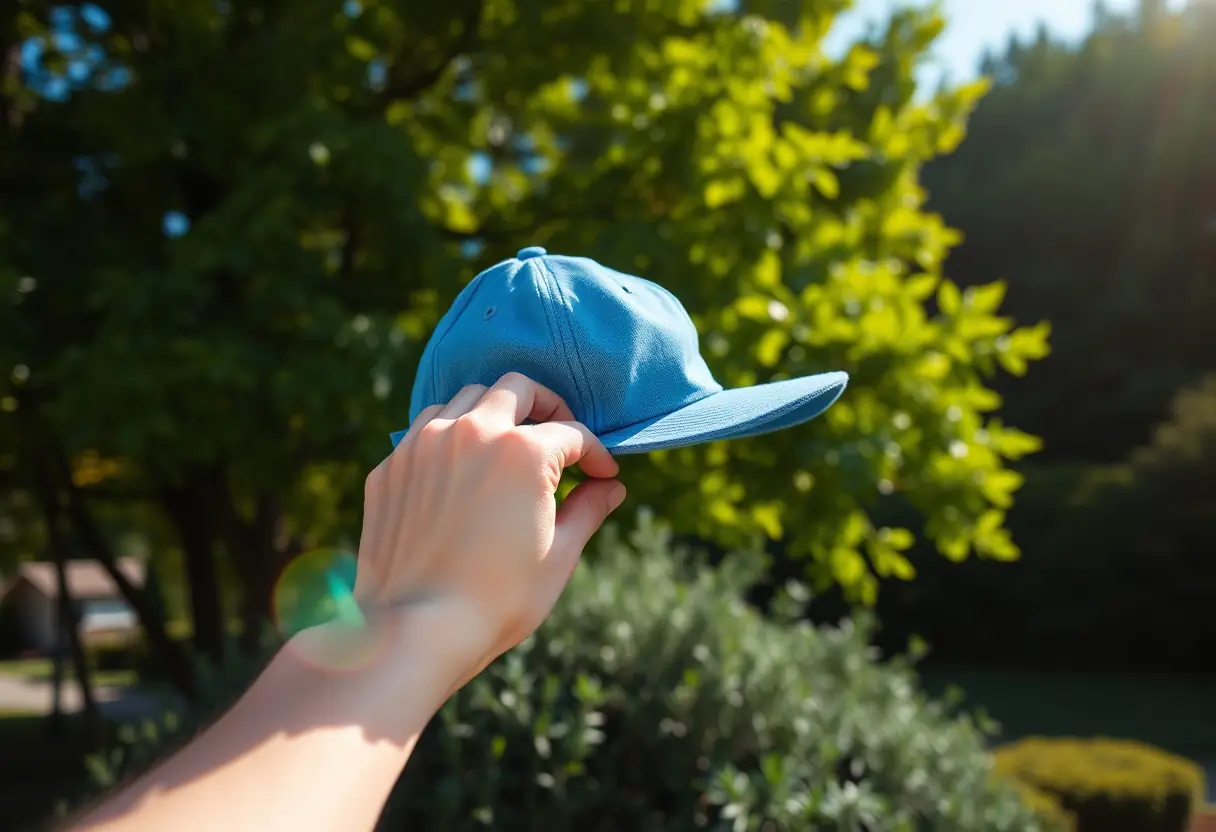Main ajustant un chapeau bleu sous un ciel ensoleillé entouré d'arbres