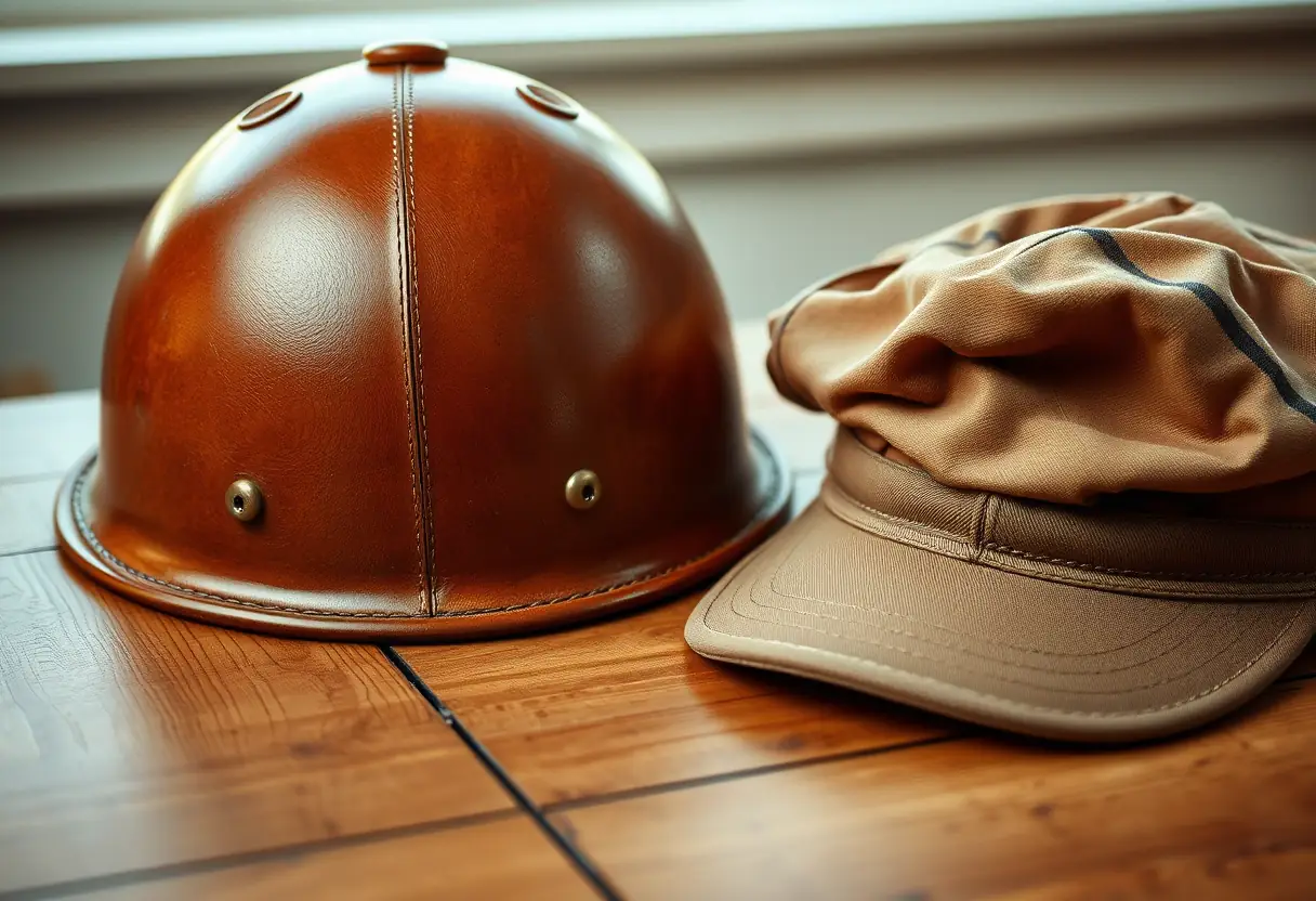 Casquette de moto et casquette repliée sur une table