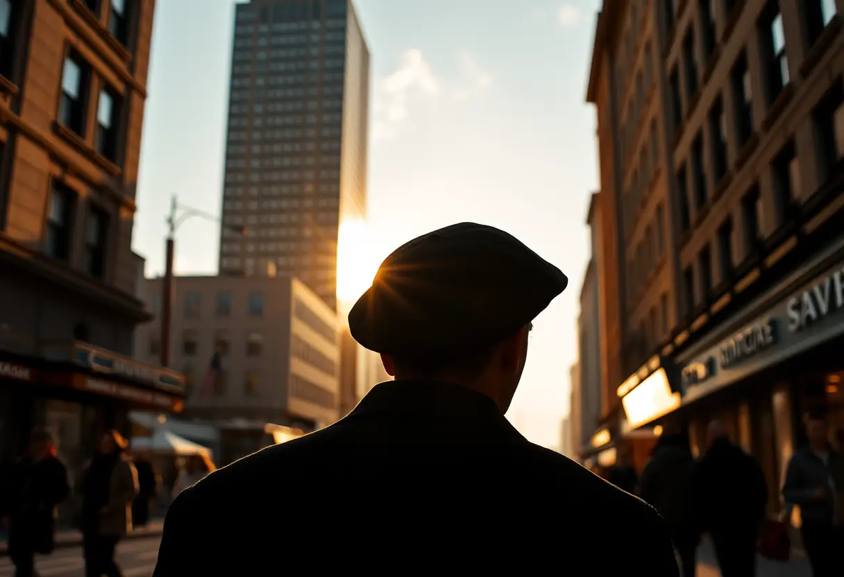 Une casquette noire gavroche est portée par une silhouette se promenant dans une rue animée pendant l'heure dorée.