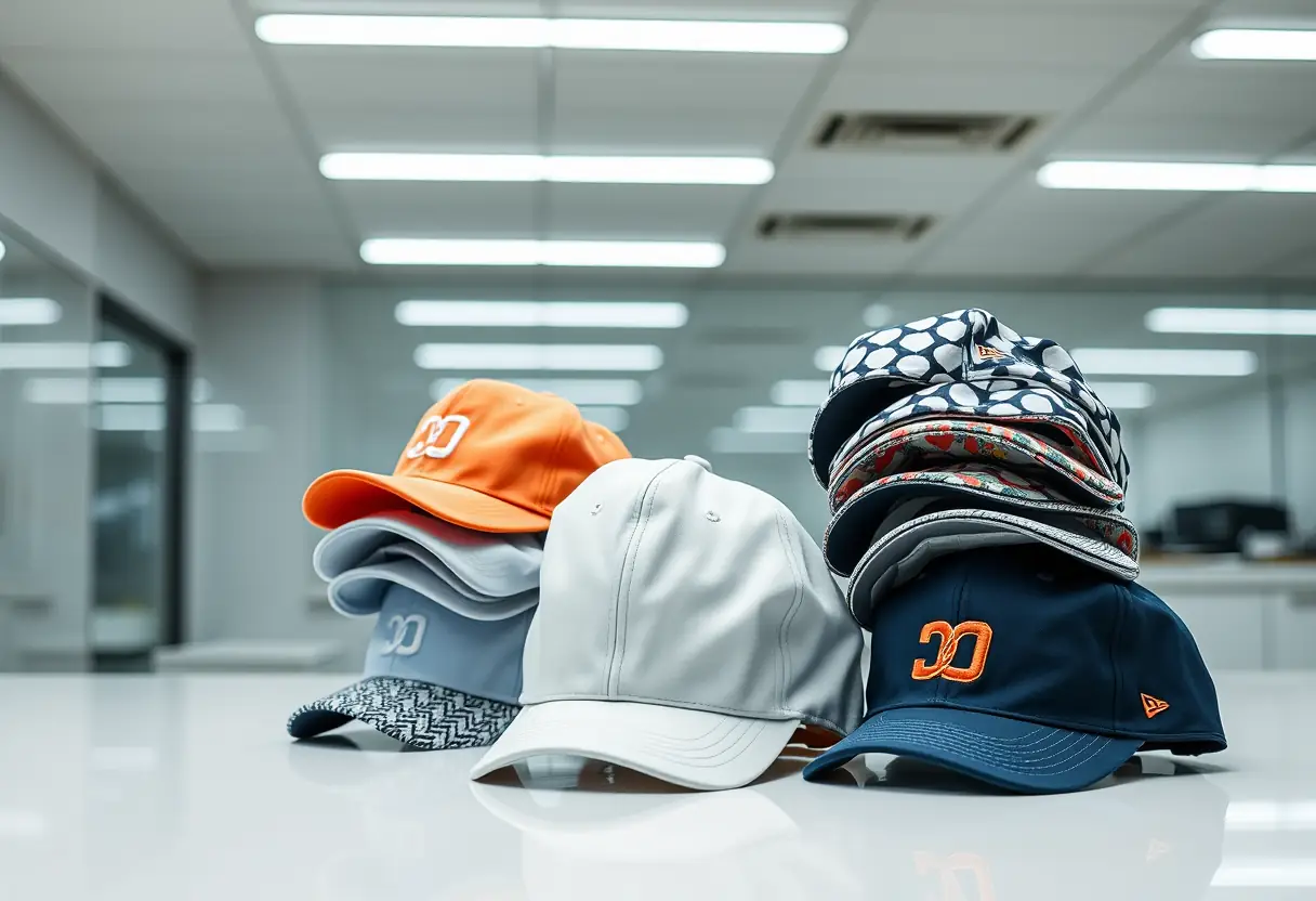 Stacks de chapeaux modernes de différentes couleurs et motifs sur un comptoir blanc, lumière naturelle