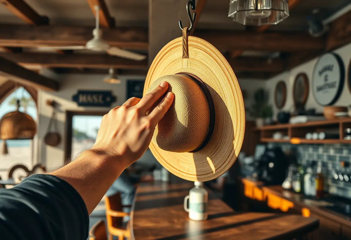 Une main de surfeur saisit une casquette gavroche accrochée à un crochet dans un café de bord de mer, projetant des ombres sur le bar en bois