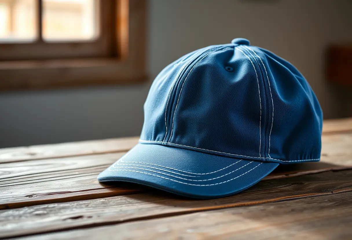Casquette en coton mélangé bleu posée sur une table en bois, accessoire tendance