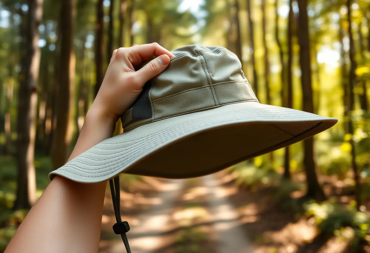 Une main ajuste la sangle d'un chapeau de pèlerin avec panneau respirant pour maintenir la tête fraîche