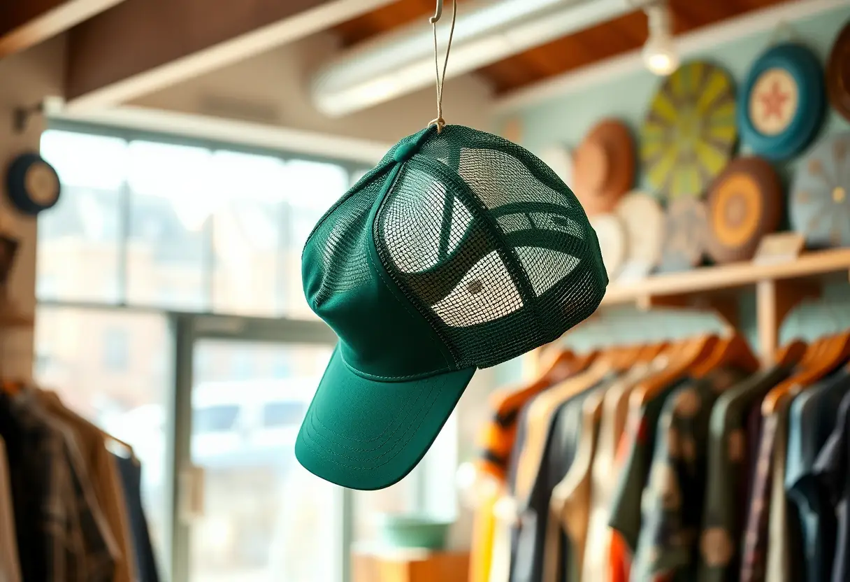 Une casquette trucker verte pend sur un porte-manteaux dans une boutique de vêtements vintage, la lumière du soir la met en valeur.