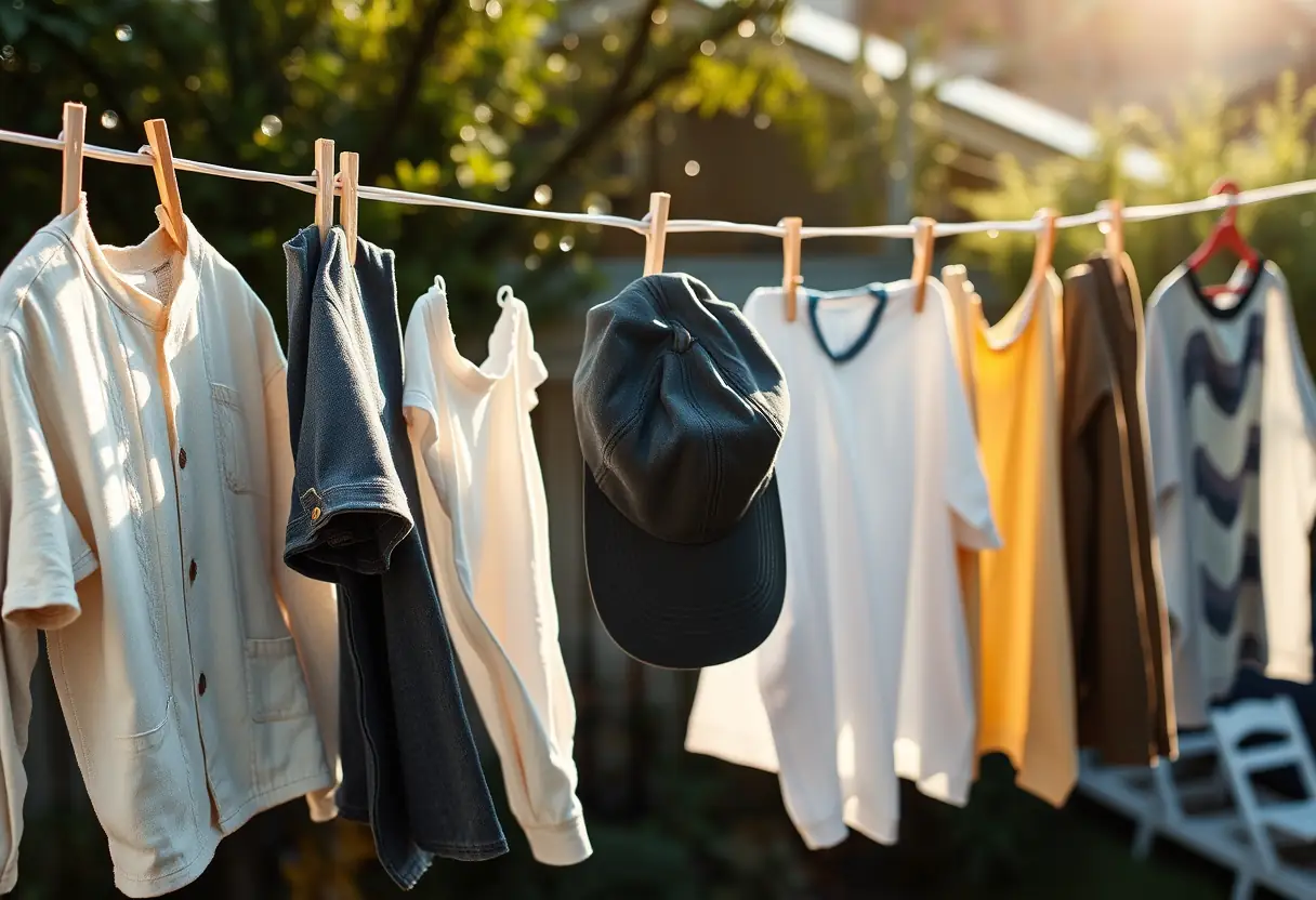 Filet à linge avec vêtements suspendus, incluant une casquette en polycotton, lumière de fin d'après-midi