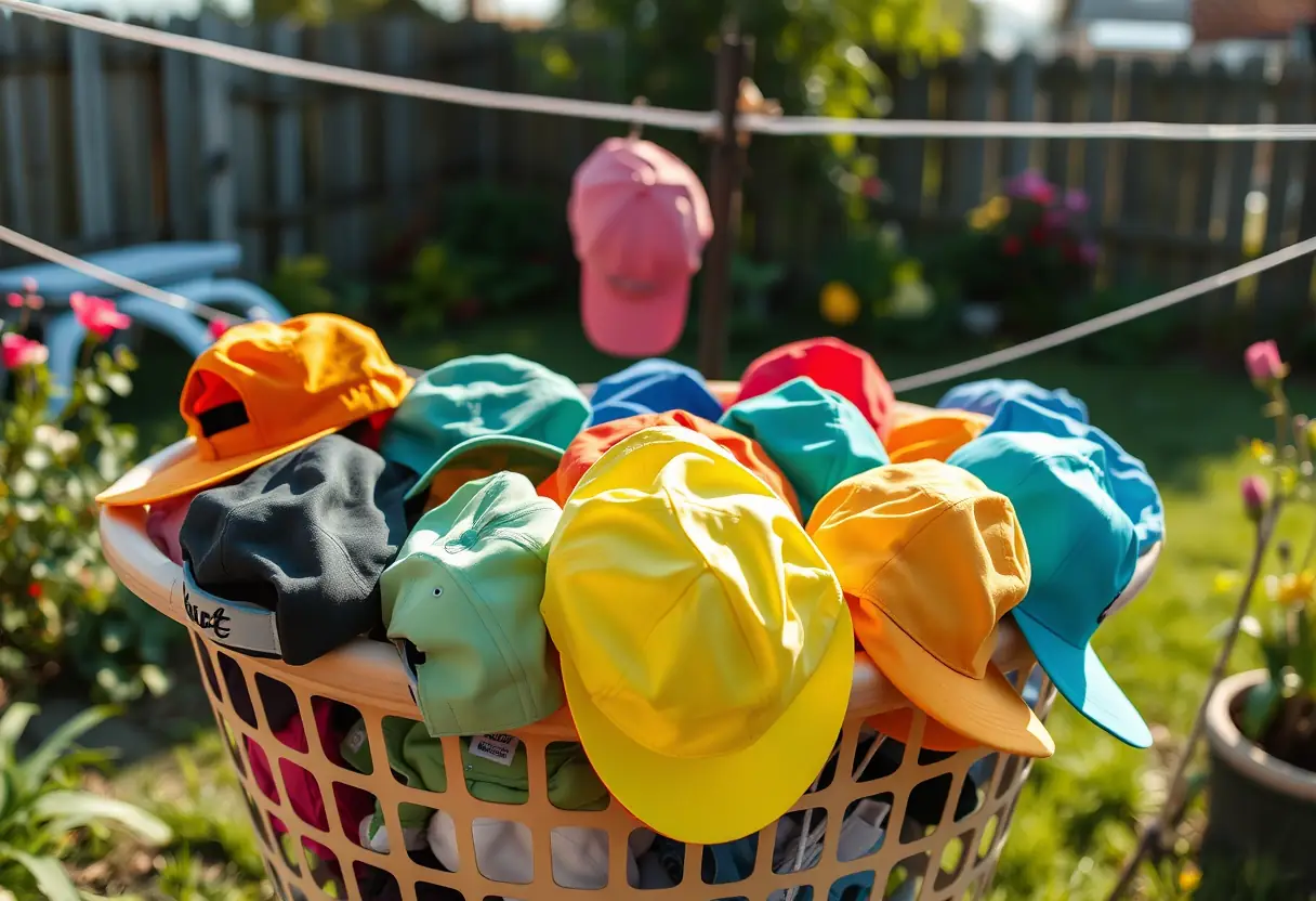 panier à linge rempli de chapeaux en polyester suspendu sur une corde à linge, éclairé par la lumière du matin
