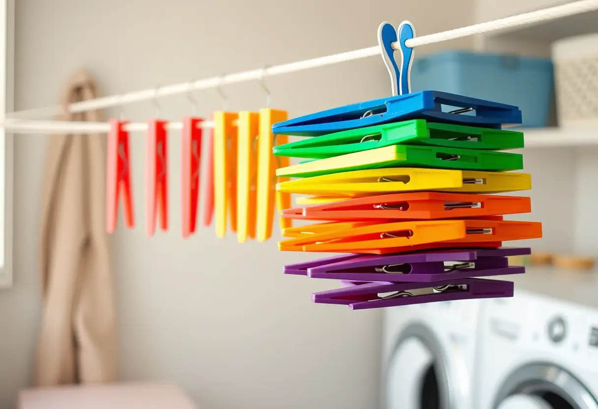 Dans une pièce de lavage, des pinces à linge de forme casquette dégradée pendent à la corde à linge