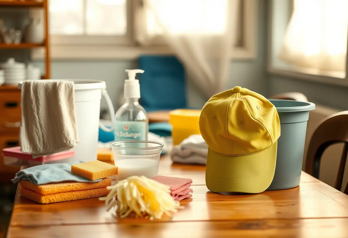 Un bureau avec des outils de nettoyage et un chapeau propre