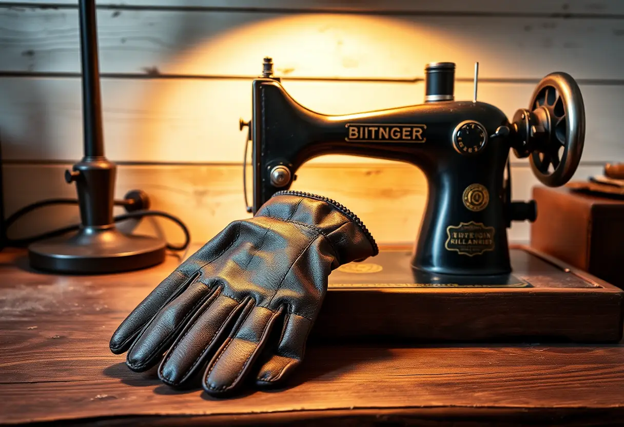 Gants de cuir et machine à coudre vintage sur un meuble rustique