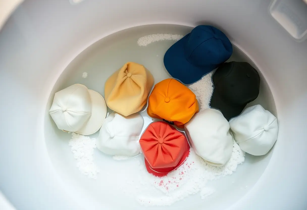 Un évier de lavage rempli d'eau et de lessive avec diverses casquettes flottant dedans