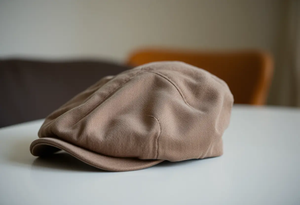 Une casquette gavroche posée sur une table